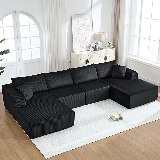 Modular Sectional Sofa146 U-Shaped Boneless Sofa for Living RoomOversized 4-Seater Deep Seat Cloud CouchesCorduroy Upholstered Corner Sofa CouchNo Assembly RequiredBlack