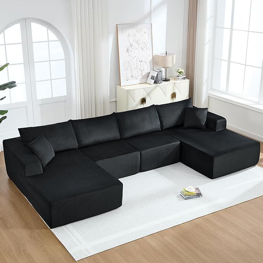 Modular Sectional Sofa146 U-Shaped Boneless Sofa for Living RoomOversized 4-Seater Deep Seat Cloud CouchesCorduroy Upholstered Corner Sofa CouchNo Assembly RequiredBlack