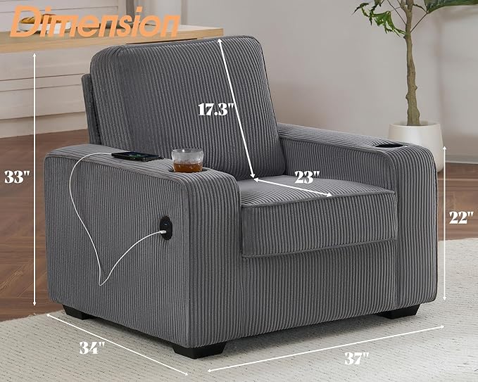 VanAcc Sofa Comfy Couch- Deep Seat Sofa Modern Couch with Cup Holders &amp USB Charging Ports Sofa Chair for Living Room(Ash Grey Corduroy)