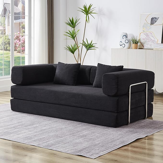 Convertible Couch Sofa Bed Foldable Floor Sleeper | All High-Density Foam | Fold Out Deep Seat Couch | King Size | Compression Sofa Sleeper for Living Room Bedroom | Corduroy Black