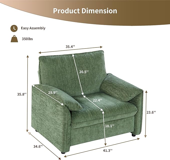 Oversized Accent Chair Modern Armchair for Living Room Wide Reading Chair w/Deep Seat Springs Cushion Chenille Armchair w/Pillow Arm Single Sofa Chair for Bedroom Apartment Office Green