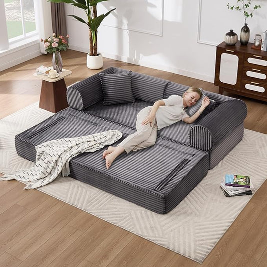 Tbfit 79'' Folding Boneless Couch Oversized Corduroy Convertible Sofa Bed Futon Mattress Sleeper Sofa Comfy Foldable Upholstered Floor Couches for Living Room Gray
