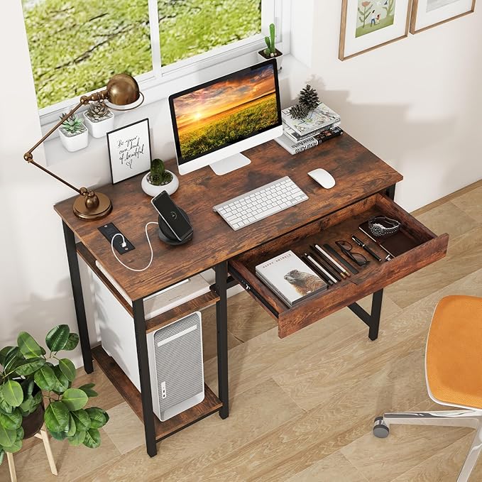 Tangkula Computer Desk with Charging Station 40” Industrial Home Office Desk with Drawer &amp Adjustable Shelf Compact Computer Workstation with CPU Stand &amp Headphone Hooks Study Writing Desk