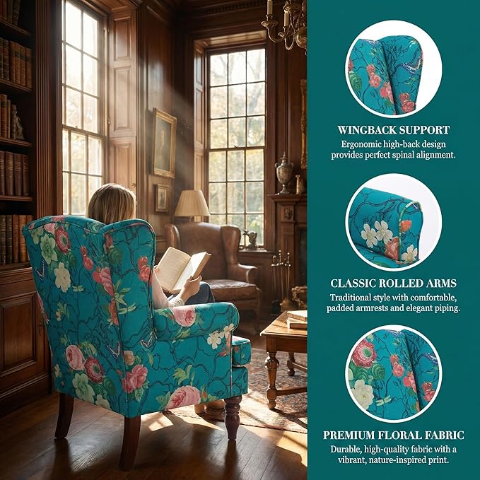 Mid Century Wingback Accent ChairModern Linen Fabric Upholstered Armchair with Retro Wooden LegsFloral Pattern Single Sofa ChairComfy Reading Chair for Living Room Bedroom Office (Floral Cyan)