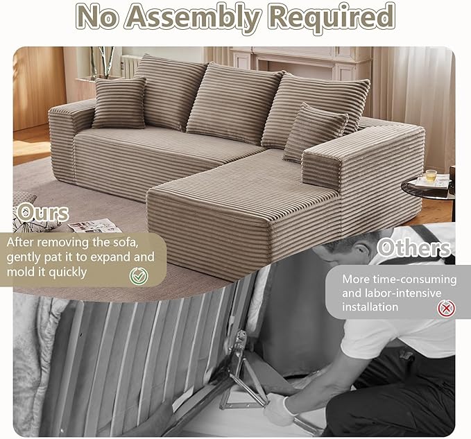 107 Cloud Sectional Couch with L-Shape Chaise Modern Modular Comfy Sofa Chaise Longue Upholstered Corduroy Couches Sleeper with Deep Seat for Living Room Bedroom No Assembly Required Camel