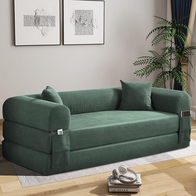KBQ 3-Seat Convertible Sleeper Sofa Bed with 2 Pillows Corduroy Folding Mattress Couch Floor Sofa Lounge Couch for Living Room Bedroom Lounge Studio Light Green