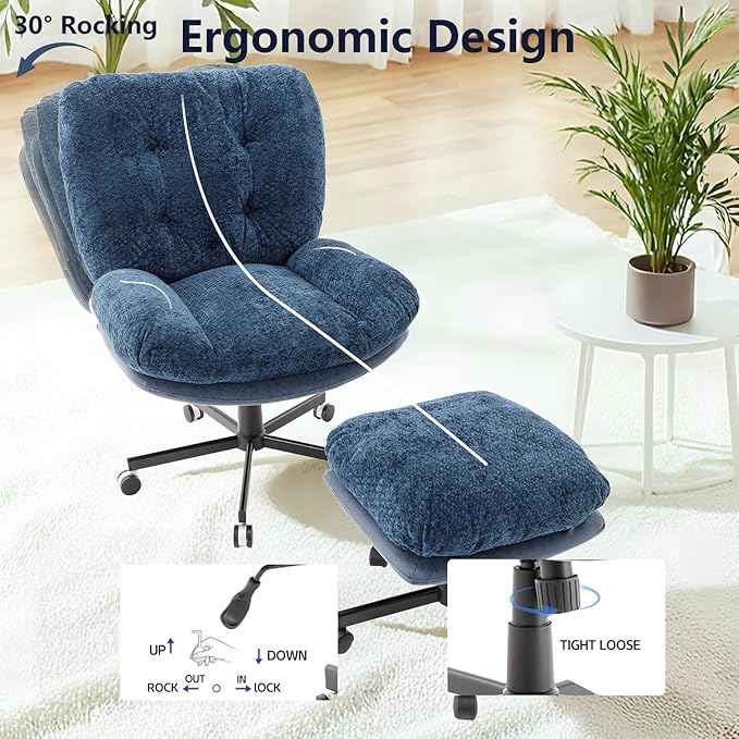 Oversized Swivel Accent Chairs with Ottoman for Living Room Bedroom Extra Wide Rocking Swivel Criss Cross Chair with WheelsBlue
