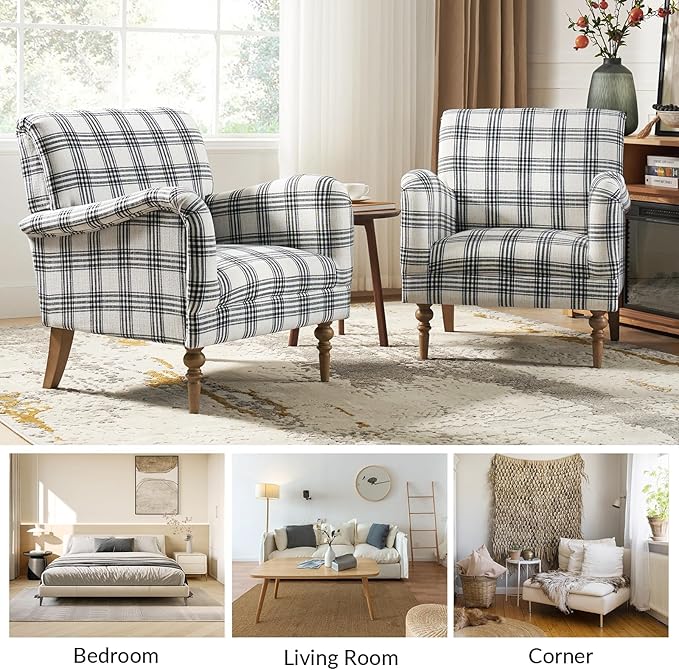 HULALA HOME Modern Accent Chair with Arms &amp Wooden Legs Comfy Upholstered Armchair Sofa Chair for Bedroom Living Room(Plaid Pattern Black)