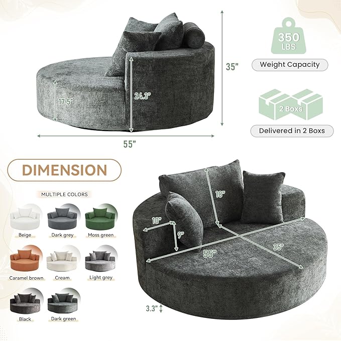 360° Oversized Swivel Chair Modern Circle Round Lounge Chair with Deep Seat Comfy Back Cushion &amp 2 Throw Pillows for Living Room Bedroom Office Dark Green Chenille
