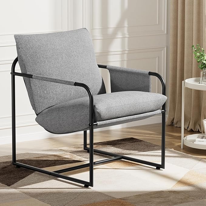 HOMMPA Sling Accent Chair Steel Arm Chair Living Room Chair with Side Storage Pocket Reading Accent Chair Mid Century Modern Bedroom Chair Metal Frame &amp Linen Fabric Cover