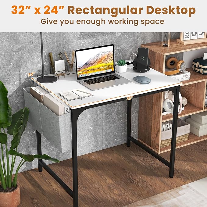 Giantex 32 Inch Computer Desk with Charging Station Home Office Writing Desk with Storage Bag &amp Headphone Hook Compact Gaming Table PC Workstation Modern Simple Laptop Desk for Bedroom Study