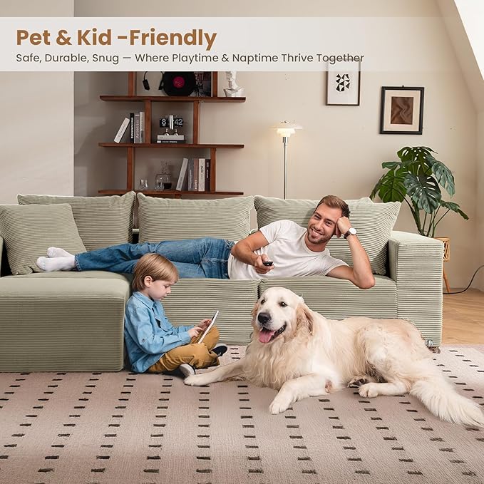 108 L-Shaped Boneless Couch Modular Sectional Sofa with Moveable Ottoman Corduroy Cloud Couches for Living Room No Assembly Ship in a Box Camel