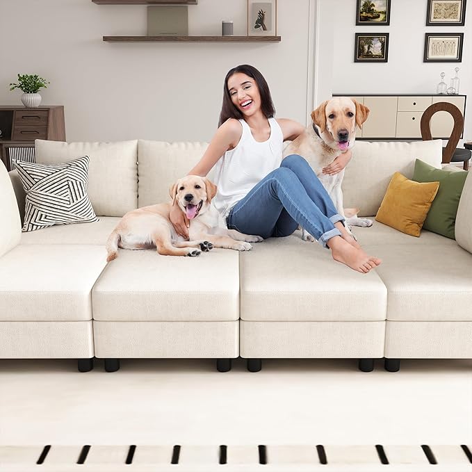 YOUDENOVA 106'' Modular Sectional Sofa 6 Seats Couch Set with Storage U Shaped Sofa with USB Charging Port Modern Comfy Chenille Couch for Living Room Beige