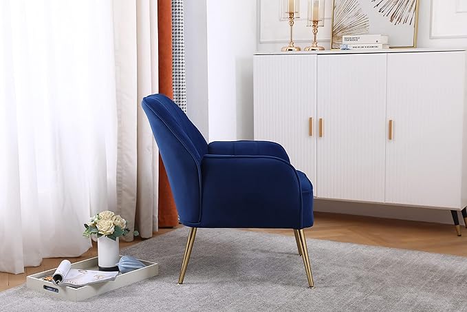 Modern Mid Century Chair Velvet Sherpa Armchair for Living Room Bedroom Office Easy Assemble(Navy)