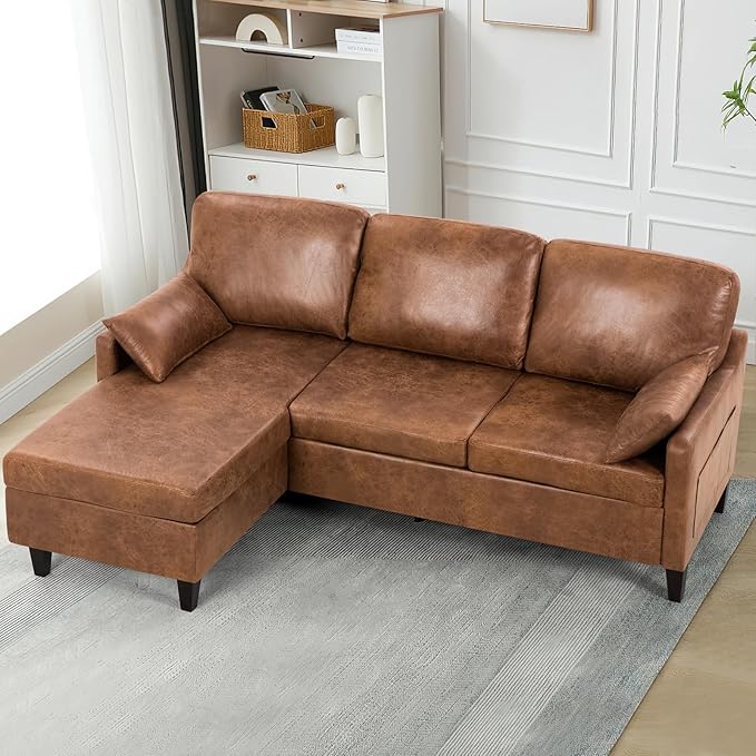 76 Sectional Sofa Couch w/Reversible Chaise Suede Leather L Shaped Sofa w/USB Charger Ports &amp Storage Bag Convertible Modern Couch w/Storage Space for Living Room Small Space Brown