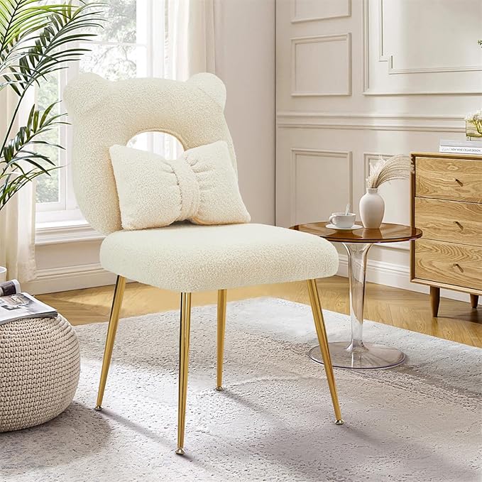 Furniliving Armless Upholstered Chair for Makeup Vanity Cute Sherpa Accent Chair for Living Room Bedroom Dressing Room Vanity Stool Chair with Back Gold Legs IvoryWhite