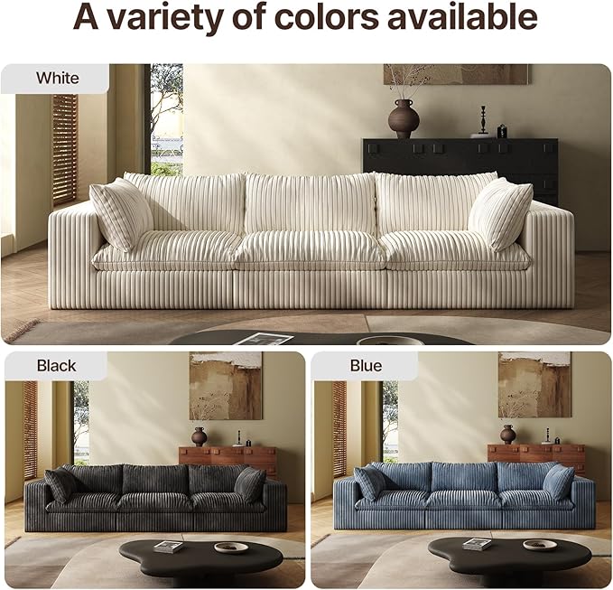 118-inch Boneless Cloud Sofa Modular Corduroy Sectional Couch with Full Foam Compression for Living Room Bedroom Apartment No Assembly Required (White 3 Seater with 1 Ottoman)