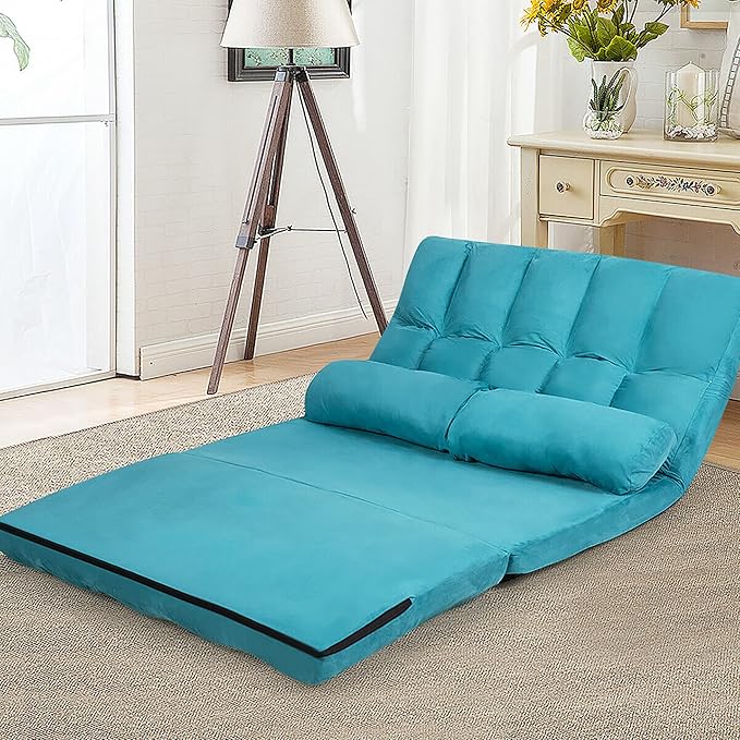 DORTALA Foldable Floor Sofa 6-Position Adjustable Lounge Couch with 2 Pillows &amp Suede Cloth Cover Modern Lounge Mattress Video Gaming Lazy Couch Suede Floor Seating Sofa 71 x 44.5 Blue