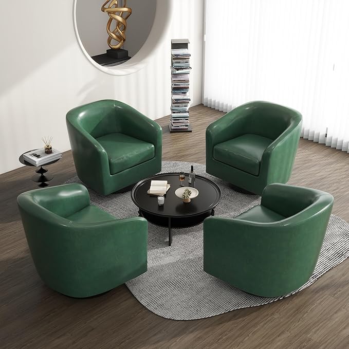 UIXE 360° Swivel Barrel Accent Chair Armchair PU Leather Round Club Arm Chair for Lving Room Modern Upholstered Small Bedroom Single Sofa Seat - Green Set of 4