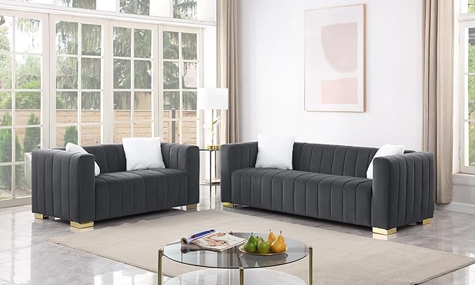 Familymill 87'' Modern Premium Velvet 3-Seater Sofa Couch with Metal Base Legs and 2 Pillows for Living Room/Bedroom