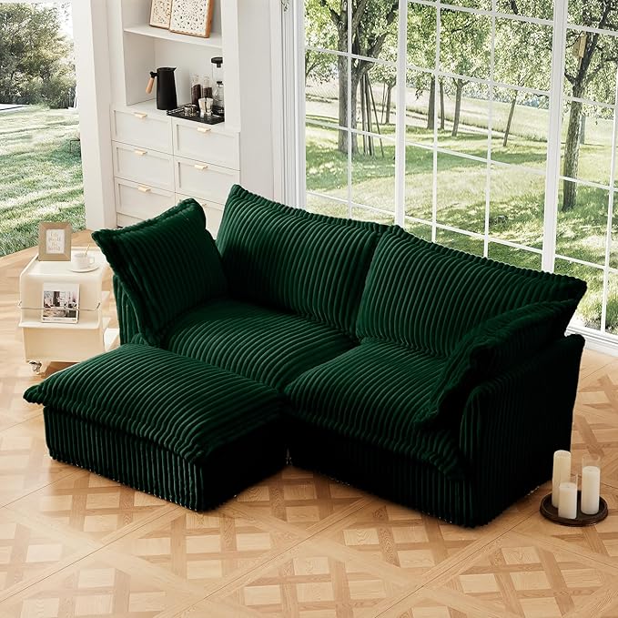 Aoowow Oversized Modular Sectional Sofa with Movable Ottoman83.4” L-Shaped Comfy 2-Seat Sofa Couch Upholstered Deep Seat Couches with Big Toss Pillows for Living Room Apartment OfficeGreen-Corduroy