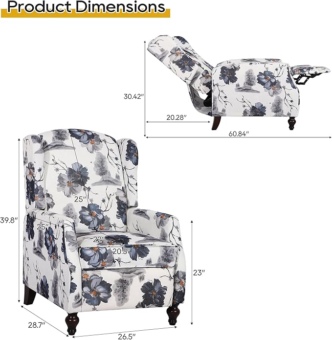 Set of 2 Wingback Recliner Chairs Mid-Century Modern Push-Back Manual Recliners for Adults Upholstered Floral Accent Chairs with Solid Wood Legs for Living Room &amp Bedroom Blue