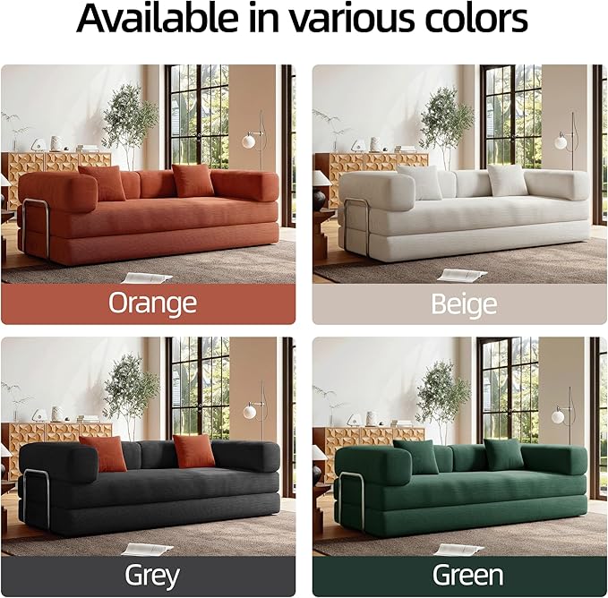 5-in-1 Folding Convertible Sofa Bed Loveseat Sleeper with Pull-Out Bed Floor Sofa Modular Futon Couch 79 Oversized Corduroy Upholstered Boneless Couch for Living Room Bedroom Lounge Orange-A