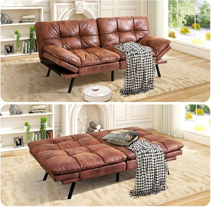 MUUEGM Brown Futon Sofa Bed Leather Memory Foam Modern Office Couch Sleeper Bed Convertible Love seat Sofa for Small SpacesApartmentOffice with Adjustable Armrest Backrest