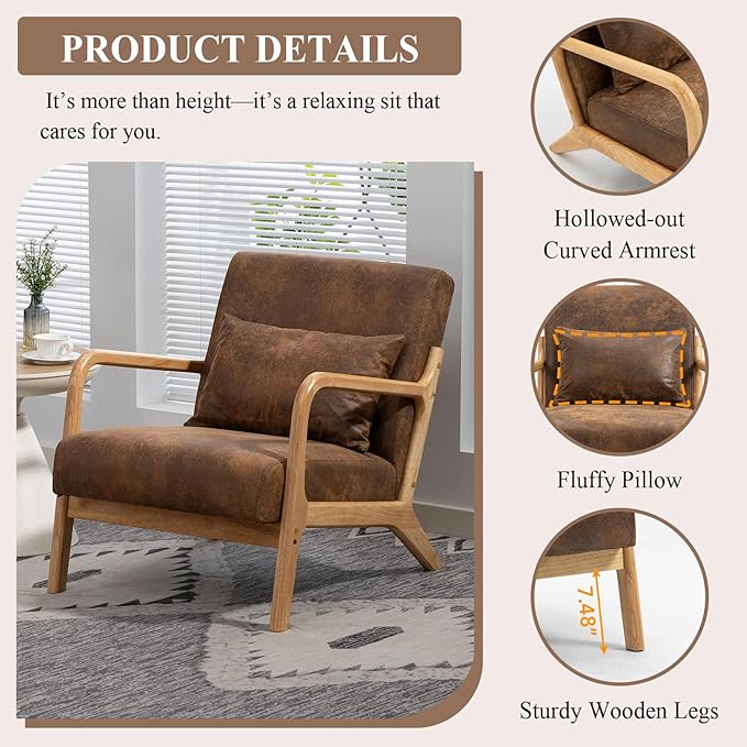 Minimalist Accent Chair Gold-Foiled Fabric Upholstered Mid-Century Modern Chair with Pillow Lounge Arm Chair with High Backrest Comfy Reading Chair for Living Room Balcony (Brown)