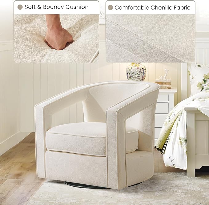 Furniliving Chenille Swivel Accent Chair for Living Room Upholstered Barrel Chair with Curved Back Comfortable Reading Chair for Bedroom Balcany Home Office White
