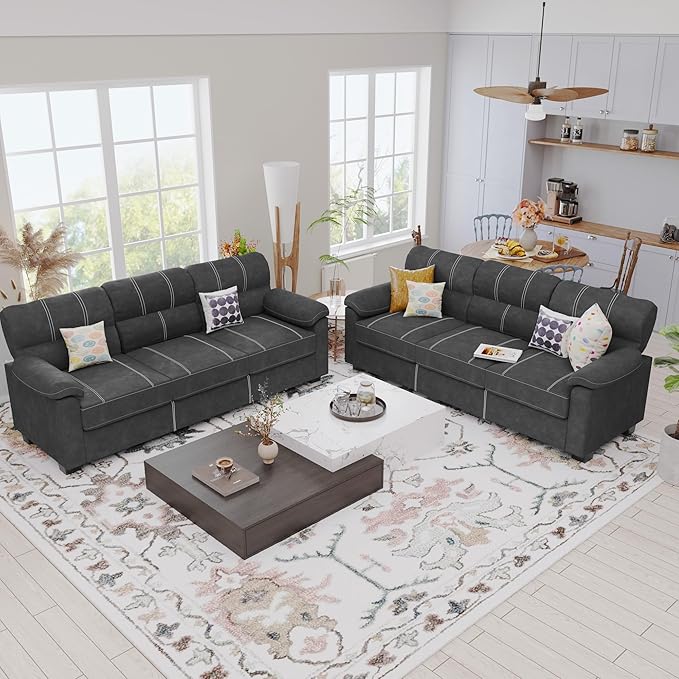 80 Inch Dark Grey Faux Leather Sofa Couch (2 Sets) - Wide Armrests with 2 Pillows Deep Seats Contrast Stitching 3 Seater Leather Couches for Living Room Bedroom Apartment