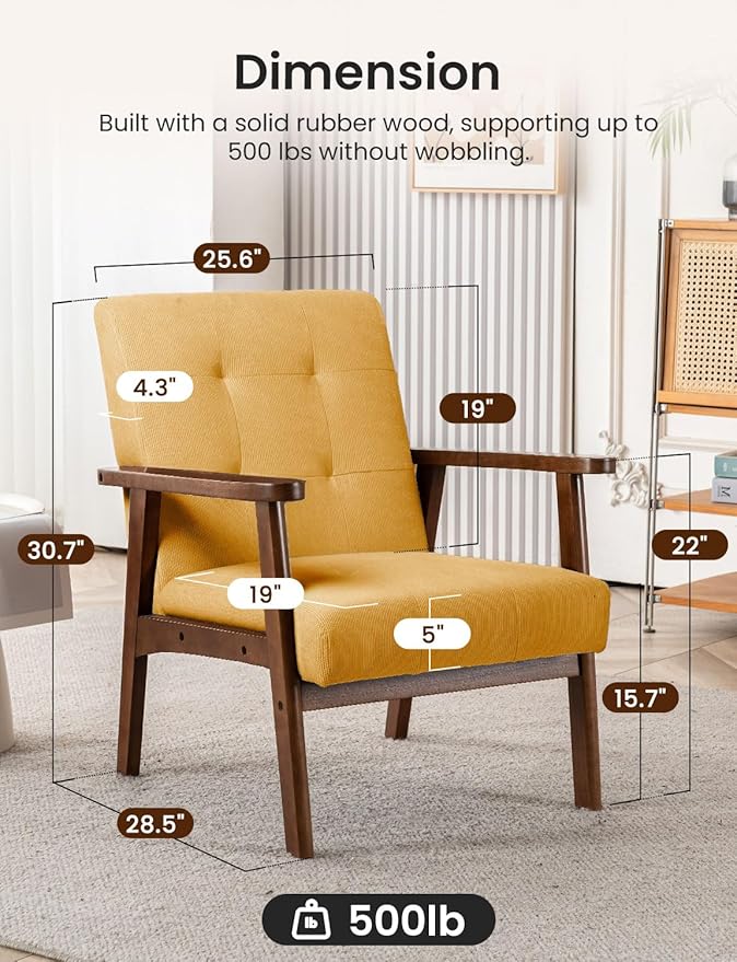 Mid Century Modern Accent Chairs for Living Room Comfy Bedroom Chairs for AdultsSmall Wide Reading Nook Arm Chair 105° Ergonomic Cozy Ginger Corduroy Armchair with Rubber Wood