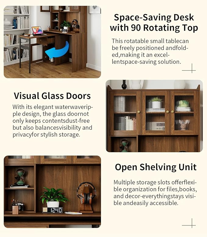 LUMISOL L Shaped Computer Desk with 90 Degree Rotating Desktop Home Office Desk with Hutch &amp Bookshelf Multi-Functional Woking Table with Storage Drawers for Study Room Office Living Room Walnu