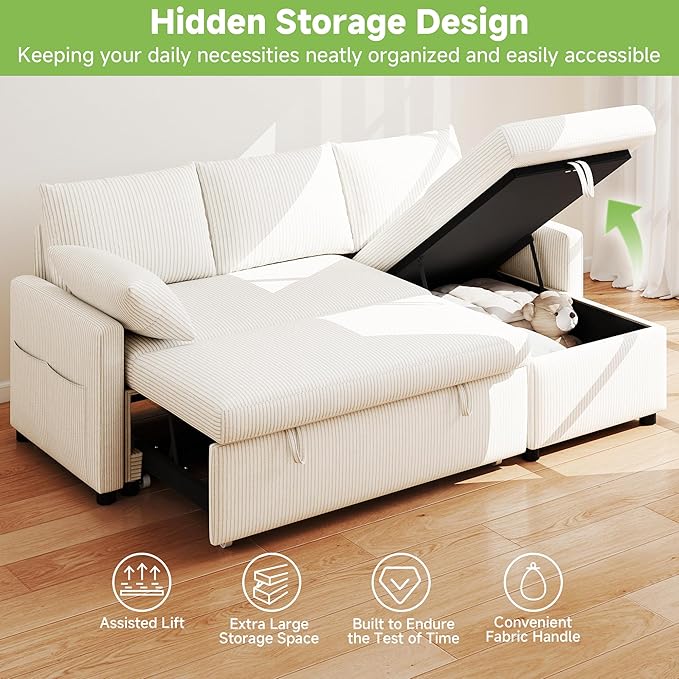 Real Relax 80'' Sofa Bed L Shaped Corduroy Sleeper Sofa Couch with Pull Out Bed and Chaise Storage for Living Room Apartment and Office Beige
