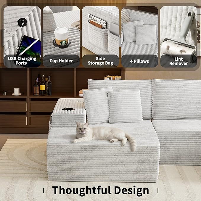 104.3 Modular Sectional Sofa with Ottoman Beige Boneless Couch Left Facing Chaise U Shaped Couches with USB Ports 2 Cup Holders 2 Storage Bags &amp Lint Remover No Assembly Sectional Couch