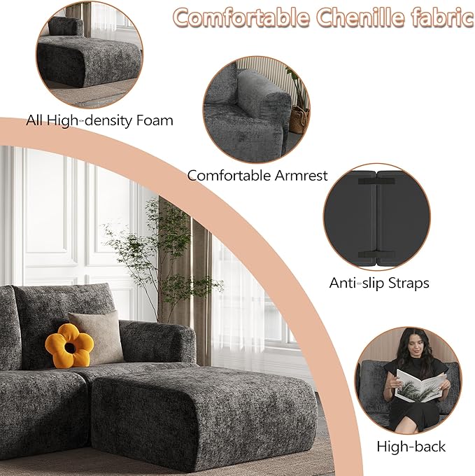 EASE MOOSE Cloud Couch Sectional Sofa Large U-Shaped Oversized Modular Couch for Living Room Minimalist Boneless Couches with Ottoman 5-Seat Deep Sofas for Bedroom Chenille (Dark Grey)