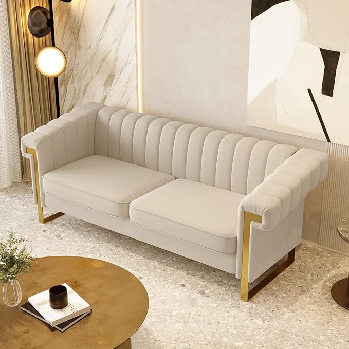Mid-Century Modern Beige Velvet Sofa with Gold Metal Legs 83.86 Luxury Chesterfield Comfy Cream Couches for Living Room (Velvet Beige)