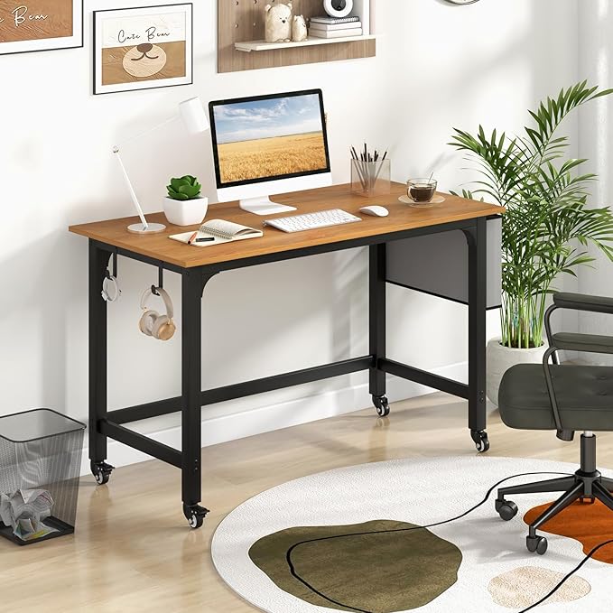 COSTWAY 48” Mobile Computer Desk Home Office Desk on Wheels Simple Study Writing Table with 4 Lockable Wheels Metal Frame Rolling Laptop PC Table for Small Space (Natural)