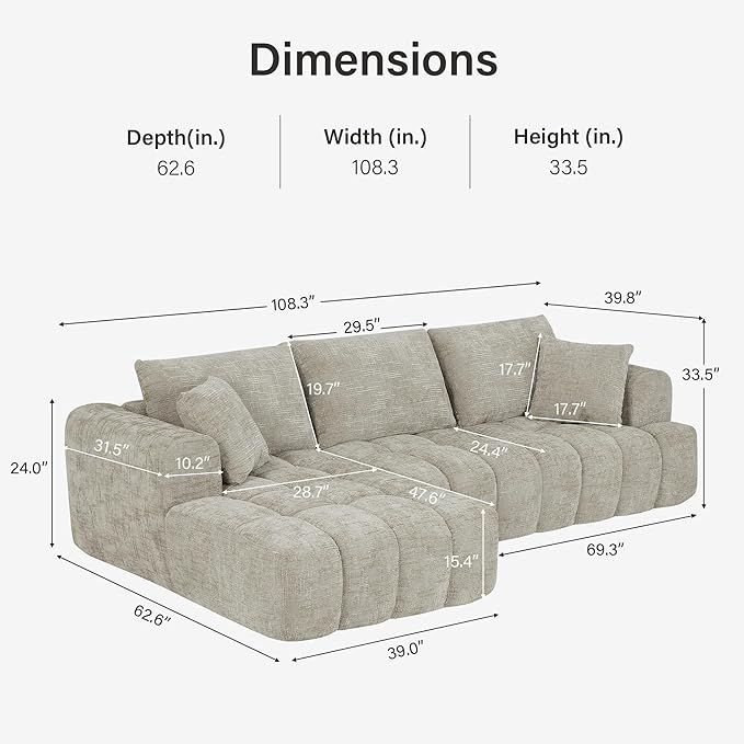 108 L-Shaped Sectional Sofa Compressed Boneless Cloud Couch with Left Chaise &amp Pillows Chenille Upholstered 4-Seater Modular Sofa for Living Room No Assembly Cream Khaki