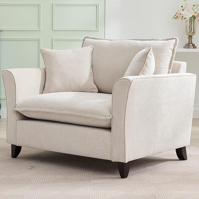 46.30 Oversized Armchair Chenille Fabric Comfy Chair and a Half Single Sofa with Pillow for Living Room Bedroom Office Apartment Cream Color