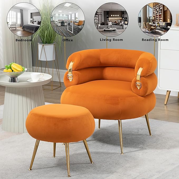 Velvet Accent Chair with Ottoman Set Modern Upholstered Armchair Tufted Chair with Footstool Single Sofa Chair with Golden Metal Legs for Living Room (Orange)