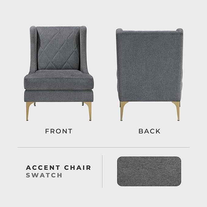 Lexicon Modern Accent Chair Living Room Chenille Upholstered Single Sofa Chair with Gold Metal Legs Wing Back &amp Diamond Stitched Back Armchair for Bedroom/Office/Waiting Room Dark Gray