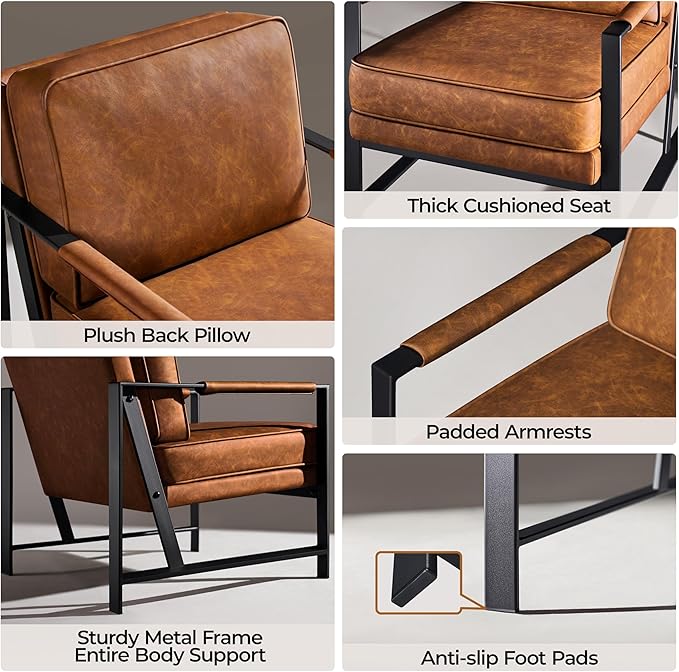 Yaheetech PU Leather Armchairs Retro Leisure Accent Chair with Extra Soft Padded and Cushion 105 Degree Slant Back Modern Reading Arm Chair for Living Room/Office/Bedroom/Study 2pcs Light Brown