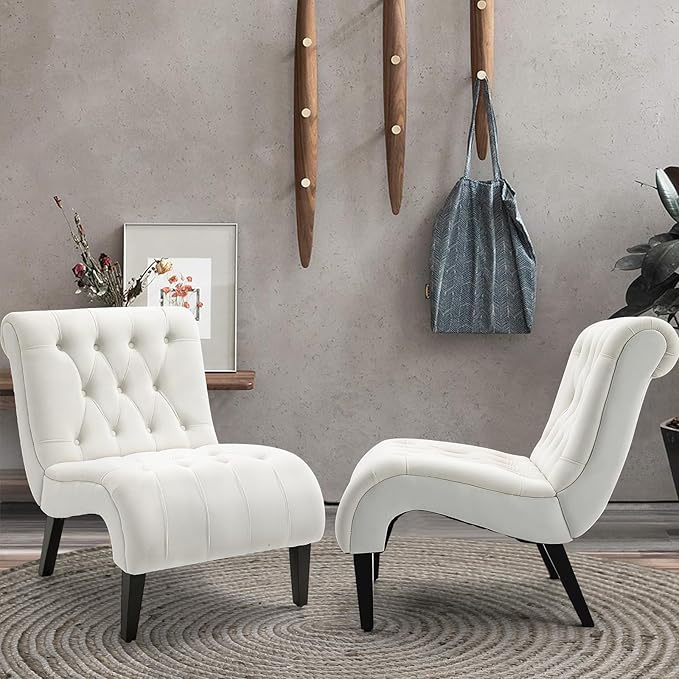 AVAWING Armless Accent Chair Set of 2 Upholstered Button Tufted Living Room Chairs with Wood Legs Comfy Frosted Velvet Lounge Chair Reading Chair for Bedroom Cream White