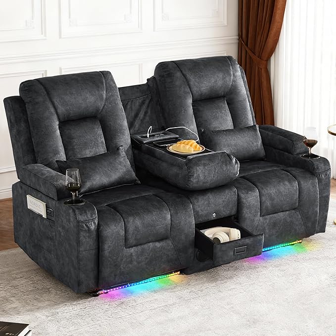 IPKIG Power Recliner Loveseat with Console Zero Wall Hugger Sofa Couch Velvet 2-Seater Sofa with LED Lights AC Outlets USB Ports Cup Holders Grey | Storage Drawer Bluetooth Speaker Living Room