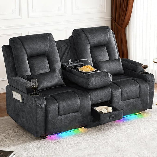 IPKIG Power Recliner Loveseat with Console Zero Wall Hugger Sofa Couch Velvet 2-Seater Sofa with LED Lights AC Outlets USB Ports Cup Holders Grey | Storage Drawer Bluetooth Speaker Living Room