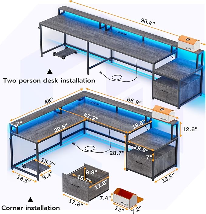 SEDETA L Shaped Desk 66 Home Office Desk with Wood File Drawer &amp Power Outlet Gaming Desk with Led Lights Corner Computer Desk with Monitor Shelf Printer Storage Shelves Two Person Desk Gre