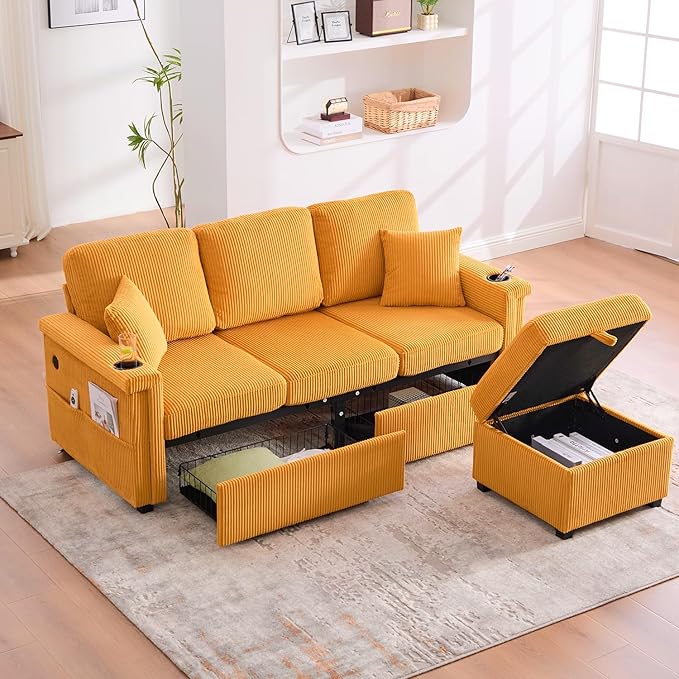 76'' Sectional Sofa Couches for Living Room 3 Seat L-Shaped Couch with Storage &amp Ottoman Corduroy Convertible Sofas with Chaise Apartment with USB Charging Cup Holder (Mustard Yellow)