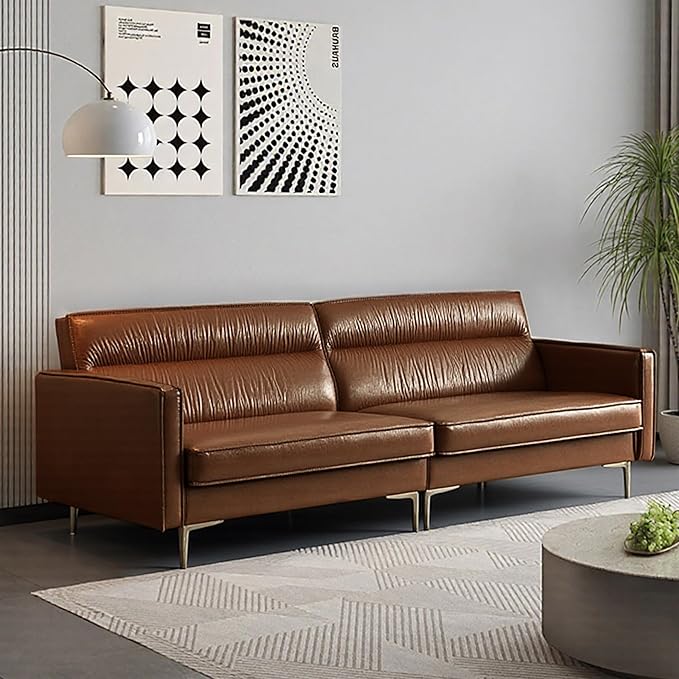 Mid-Century 3-Seater Faux Leather Sofa with Removable Backrest and Cushions Vintage Modern Lounge Couch for Office Apartment Living Room Bedroom with Sturdy Metal Legs - 86.61 Inches Brown