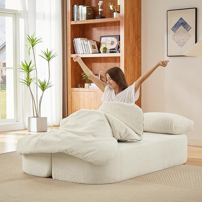 Convertible Folding Sofa Bed 75 Futon Floor Couch Modular Sleeper Loveseat Sectional Couches Boneless Cloud Plush Fluffy Fabric for Living Room Guest Room No Assembly Required Beige